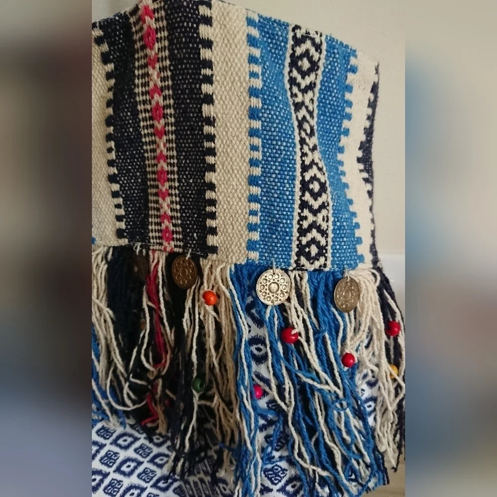 America & Beyond Boho Embroidered Tassel Blue and White Tote Bag